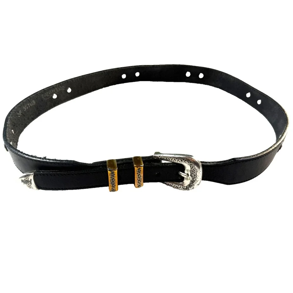 Vintage Brighton Belt Womens L Black Leather Silver Concho Western Studded